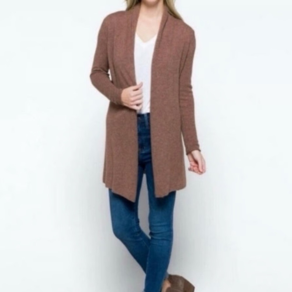 Lusso Cashmere Women's Heather Caramel Brown Open Front Cardigan Sweater M